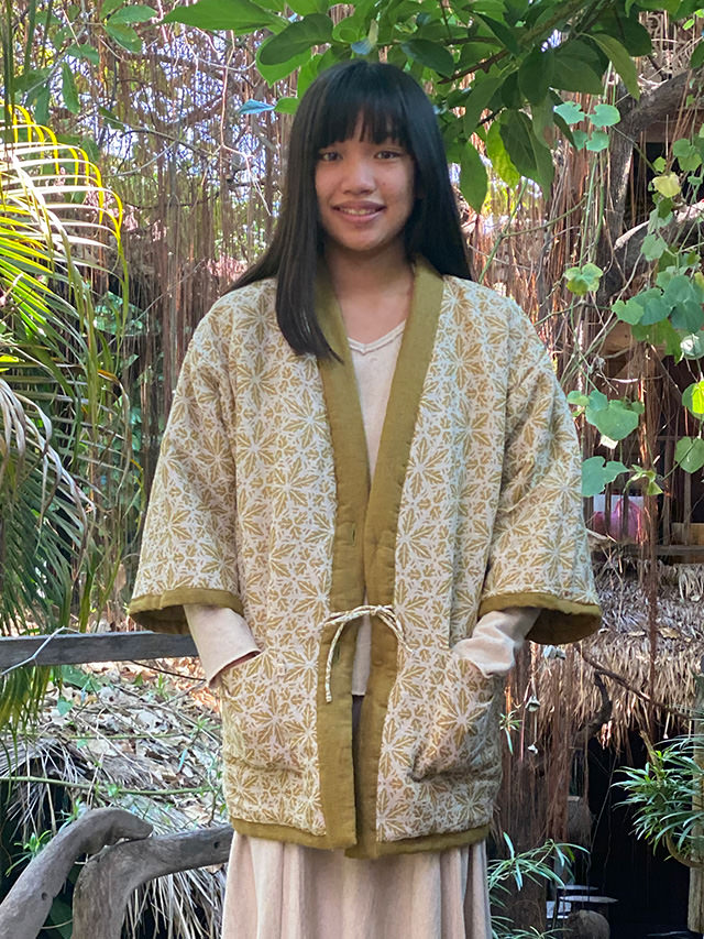 asana 麻100% ふかふか　リバーシブル はんてん ジャケット カラー インナー 麻柄プリント