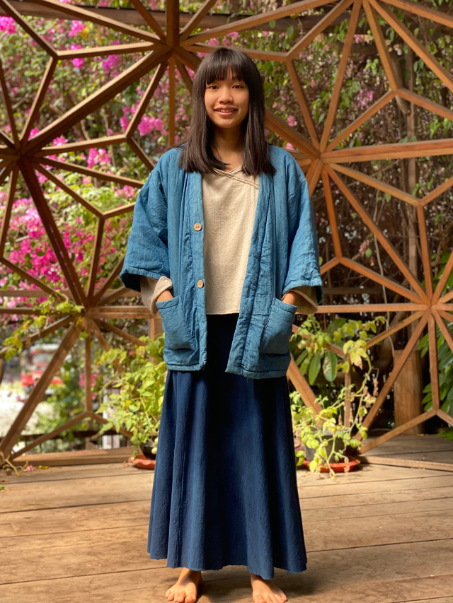 asana 麻100% ふかふか リバーシブル はんてん ジャケット・草木染め [インナー麻柄プリント] 