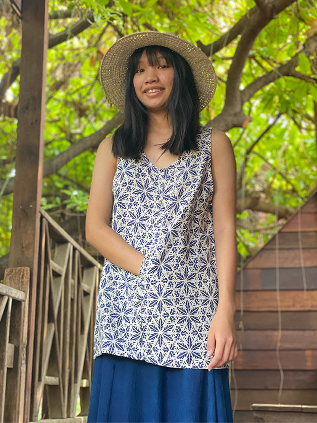 asana HEMP100% 麻柄プリント ポケット タンク