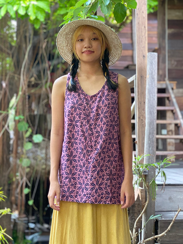 asana HEMP100% 麻柄プリント ポケット タンク・草木染め