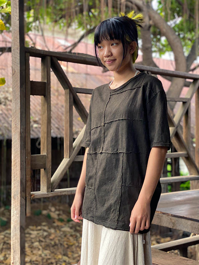 asana ヘンプコットン 厚手 パッチワーク Tee・草木染め