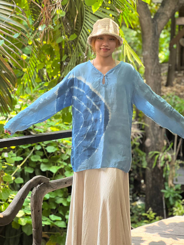 asana HEMP100% ガーゼ ゆったり ロングスリーブ・インディゴ絞り染め