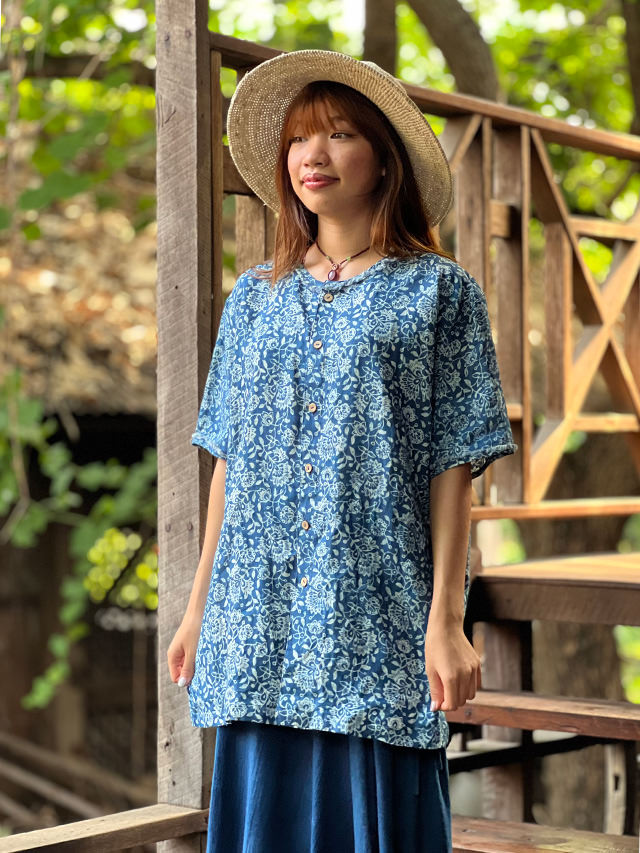 asana HEMP100% ガーゼ ボタン 半袖 シャツ・インディゴ抜染プリント