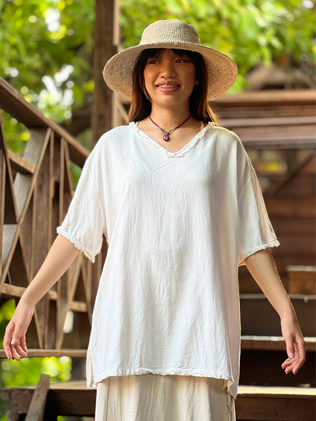 asana HEMP100% ノースリーブ フリンジ チュ ニック　きなり asana HEMP100% テロテロ ノースリーブ フリンジ チュニック