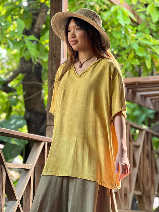 asana HEMP100% Vネック フリンジ シャツ・草木染め