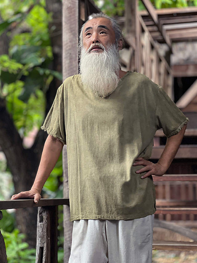 asana HEMP100% Vネック フリンジ シャツ・草木染め