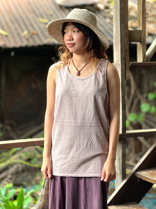 asana ヘンプコットン 厚手 手刷り 麻柄プリント メンズタンク