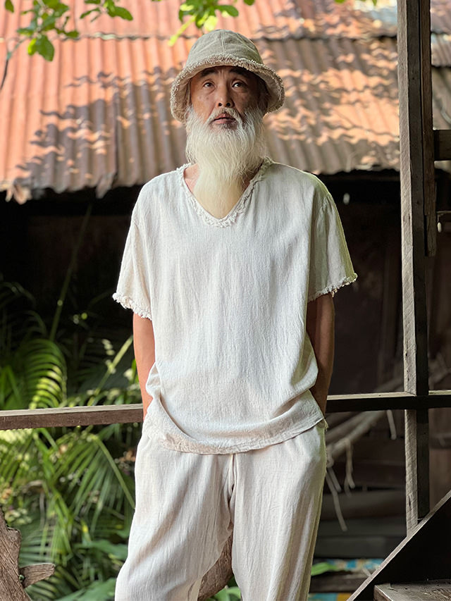 asana HEMP100% Vネック フリンジ シャツ・きなり