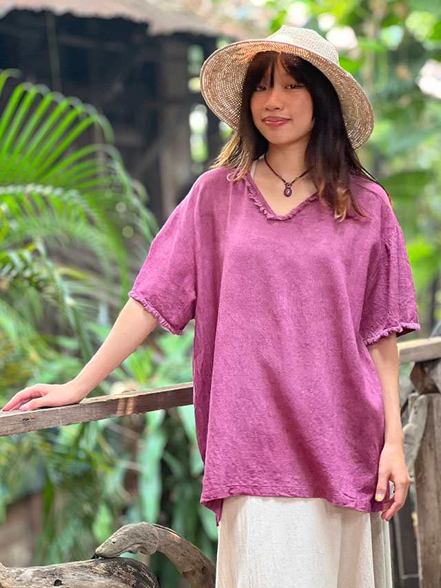 asana HEMP100% テロテロ Vネック フリンジ シャツ・草木染め