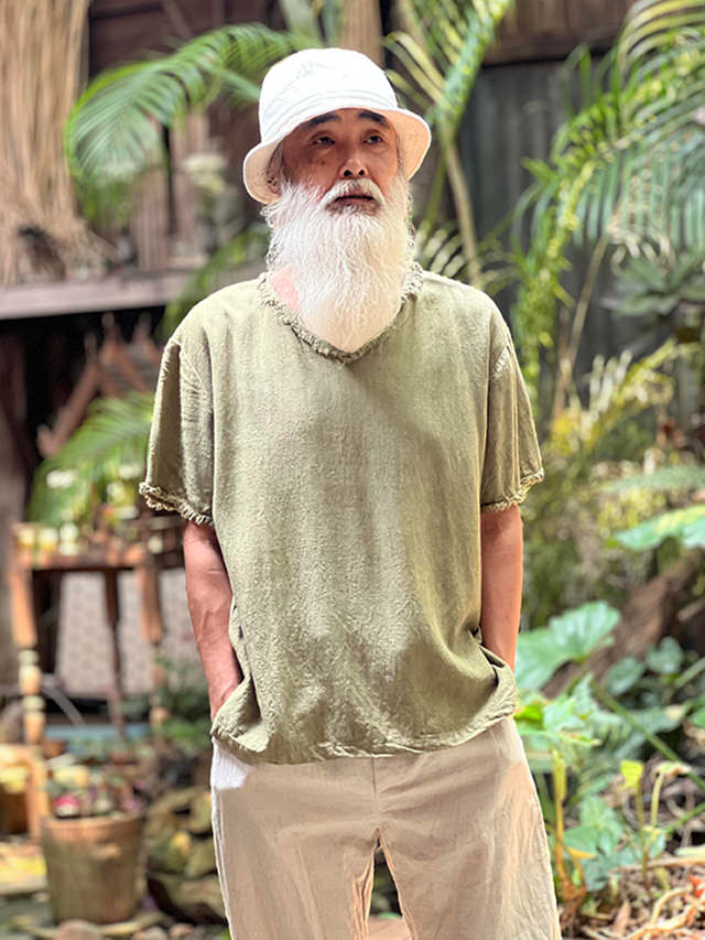 asana HEMP100% テロテロ Vネック フリンジ シャツ・草木染め