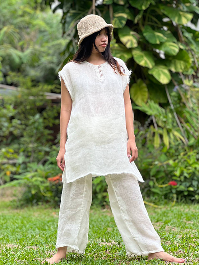 asana HEMP100% ふわふわ ガーゼ 縄文 ロング シャツ・きなり
