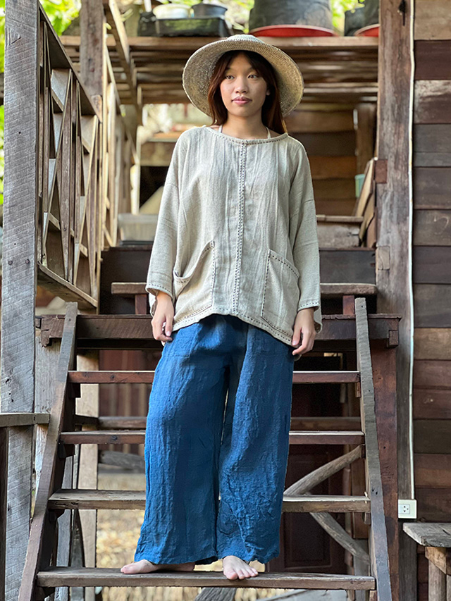 asana HEMP100% デニム風 フリンジ パンツ●草木染めインディゴ asana HEMP100% デニム風 フリンジ パンツ○草木染めインディゴ