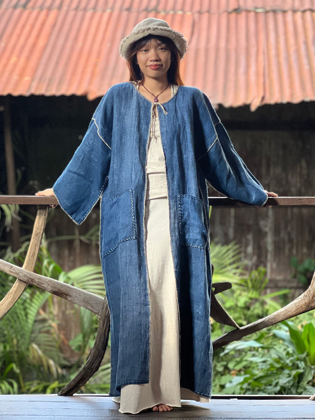 HEMP100% 手織り手縫い インディゴ染め ロング ジャケット