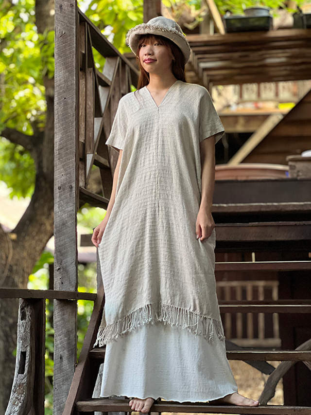 HEMP100% 厚手 手織り手縫い 貫頭衣 ショート ワンピース・きなり