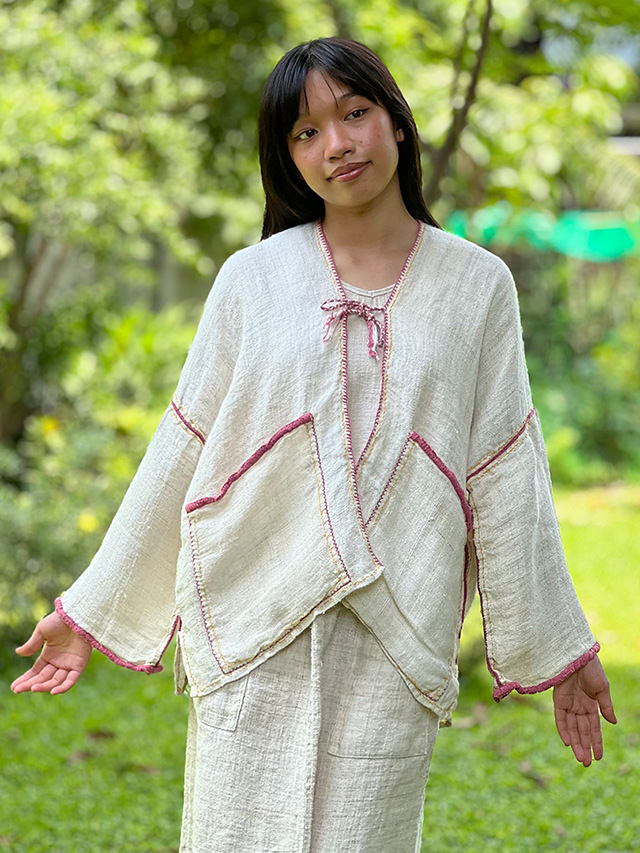 HEMP100% 手織り 手刺繍入り ジャケット・きなり ソフト仕上げ