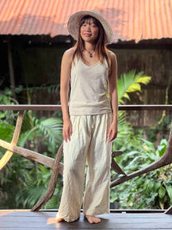 asana HEMP100% デニム風 フリンジ パンツ・きなり