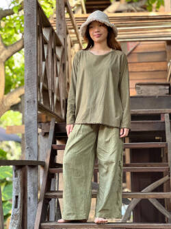 asana HEMP100% デニム風 フリンジ パンツ・草木染め