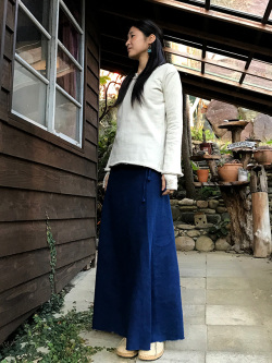 asana ふかふか 麻柄プリント 紐付きロングスカート・草木染め