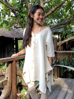 asana HEMP&TENCEL ５分袖フレアーカーデ・きなり