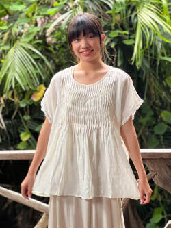 asana HEMP100% ガーゼ シャーリング ブラウス・きなり