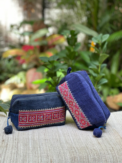 asana HEMP100% 古布 手刺繍 スクエア ポーチ