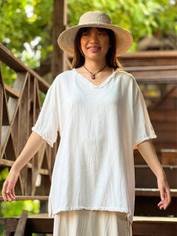 asana HEMP100% Vネック フリンジ シャツ・きなり