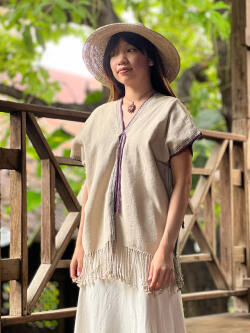 HEMP100% 手縫い カレン族 フリンジ 貫頭衣