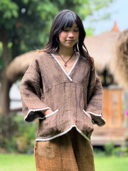 HEMP100% 手織り手縫い Vネックロングスリーブ ・手刺繍 ソフト仕上げ