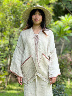 HEMP100% 手織り 手刺繍入り ジャケット・きなり ソフト仕上げ