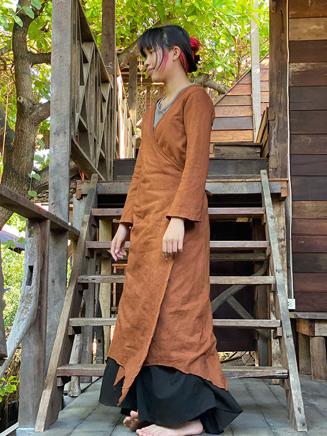 asana ヘンプコットン 厚手 カシュクール ロング カーディガン・草木染