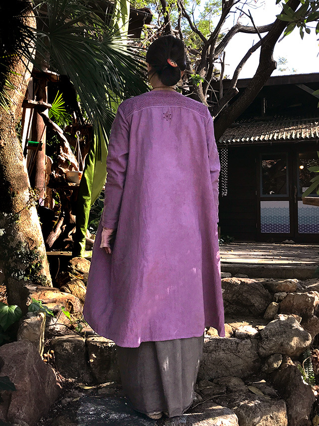 asana 麻100% 刺し子 ロングカーディガン・草木染め【パヤカ