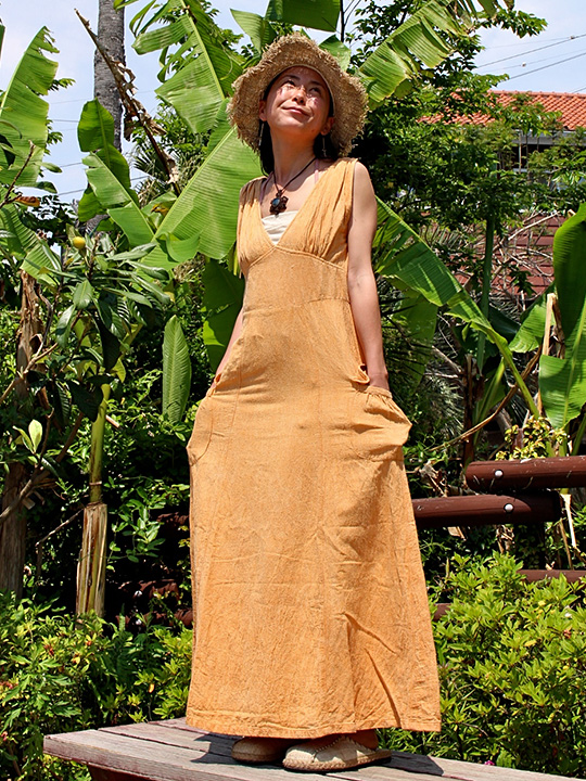 Marikoパヤカ　ワンピース　草木染め asana HEMP100% ガーゼ 切り替え ロング ワンピース・草木染め