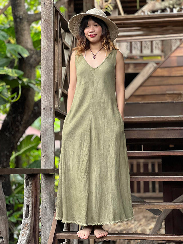 Marikoパヤカ　ワンピース　草木染め asana HEMP100% ガーゼ 切り替え ロング ワンピース・草木染め
