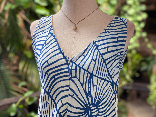 asana HEMP100% 薄手 インディゴ抜染プリント バイアス ワンピース