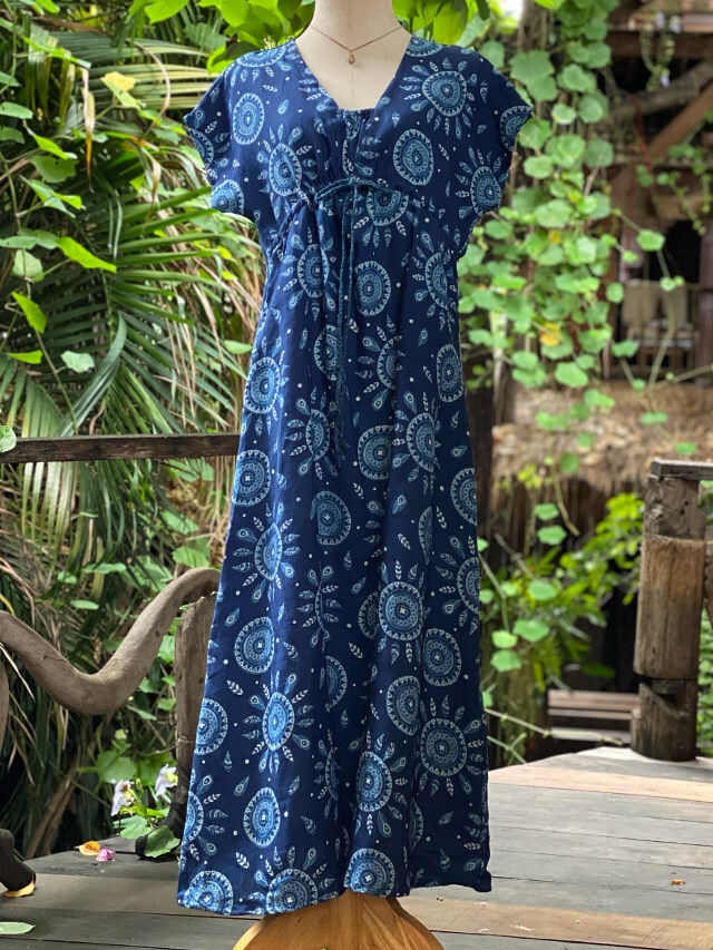 asana HEMP100% インディゴ抜染プリント 縄文ワンピース【パヤカ