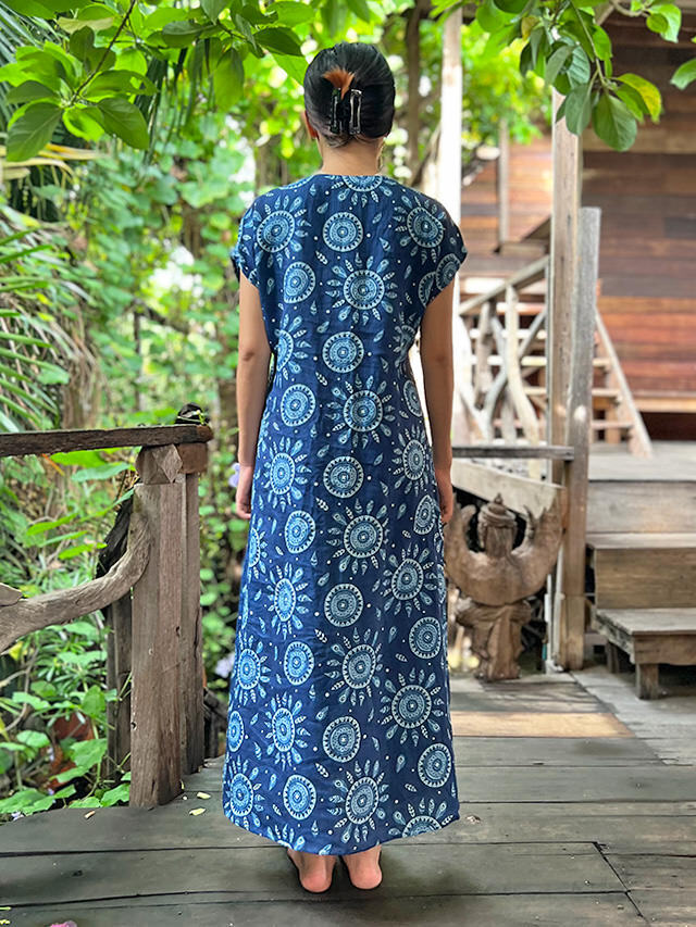 asana HEMP100% インディゴ抜染プリント 縄文ワンピース【パヤカ