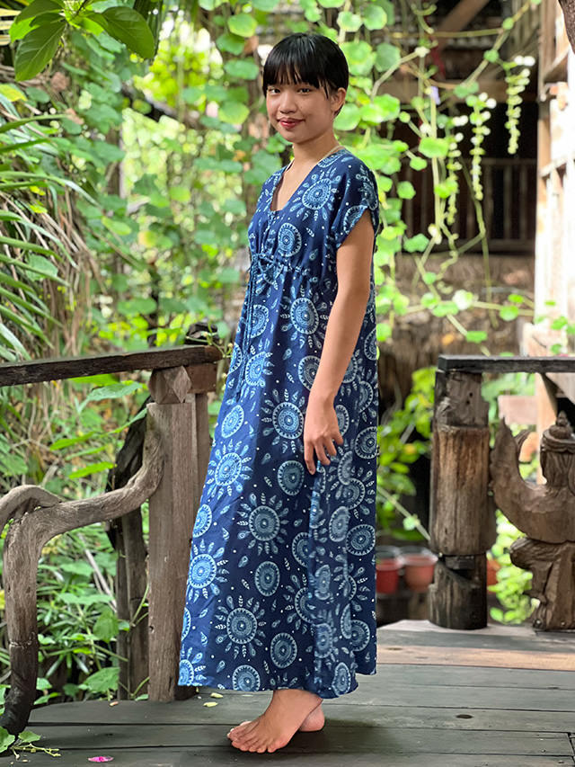 asana HEMP100% インディゴ抜染プリント 縄文ワンピース【パヤカ