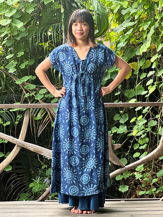 asana HEMP100% インディゴ抜染プリント 縄文ワンピース【パヤカ