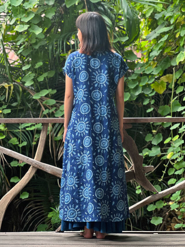 asana HEMP100% インディゴ抜染プリント 縄文ワンピース【パヤカ