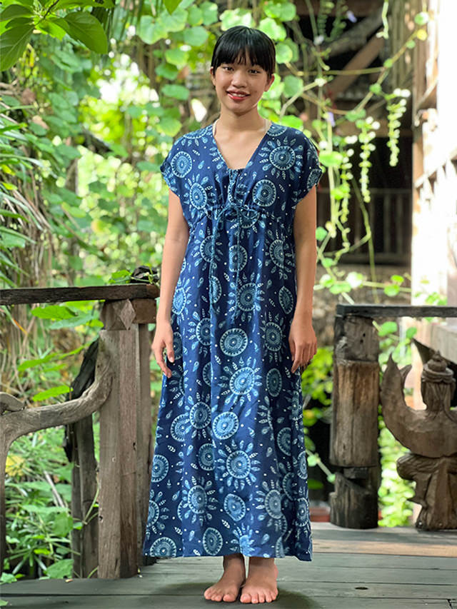 asana HEMP100% インディゴ抜染プリント 縄文ワンピース【パヤカ
