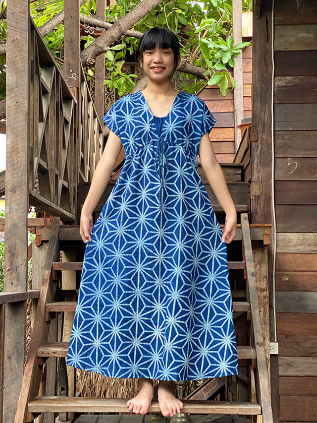 asana HEMP100% 大麻柄 インディゴ抜染 縄文ワンピース【パヤカ