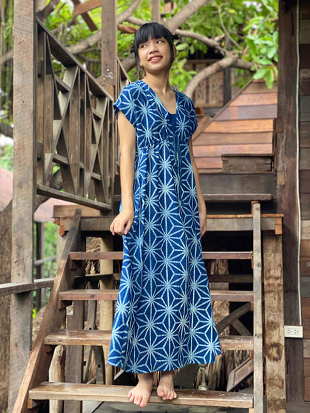 Asana Hemp100 大麻柄 インディゴ抜染 縄文ワンピース パヤカ オンラインショップ