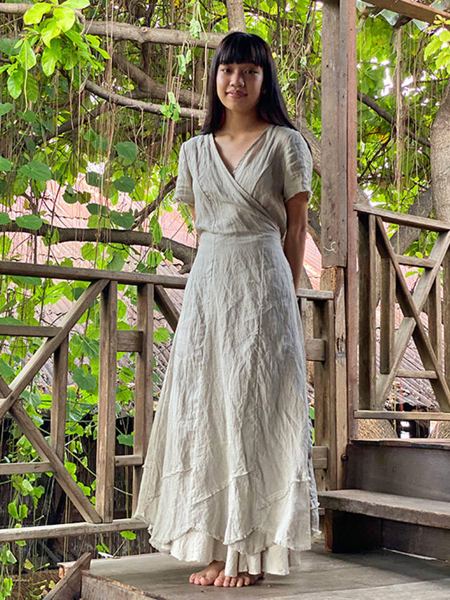 完売 argue リネン 麻 ワンピース 茶 ロングドレス（セール】 Aライン  