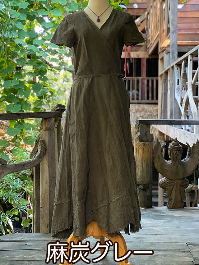 asana HEMP100% 切り替え カシュクール ロング ワンピース