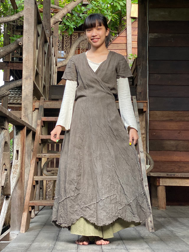 asana HEMP100% 切り替え カシュクール ロング ワンピース