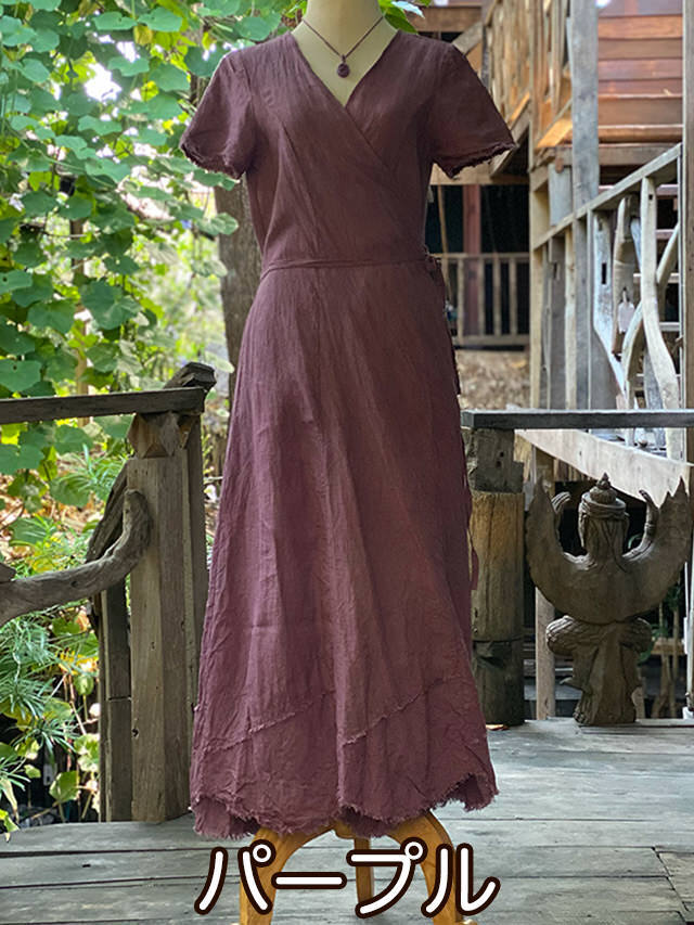 【SALE】asana カシュクール風 フレアースリーブトップ●草木染めディン asana ヘンプコットン 薄手 カシュクール風 フレアースリーブ
