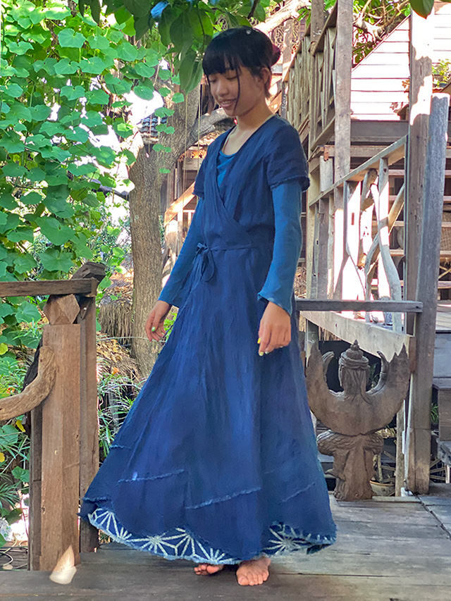 asana HEMP100% 切り替え カシュクール ロング ワンピース・草木染め  
