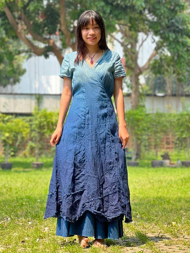 asana HEMP100% 切り替え カシュクール ロング ワンピース・草木染め