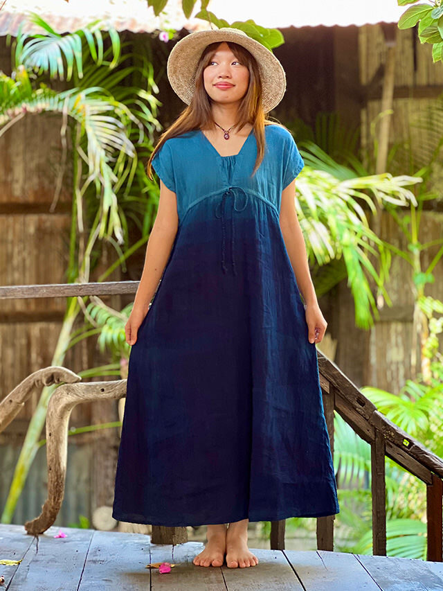 asana HEMP100% 縄文ワンピース・インディゴ グラデーション 草木染め