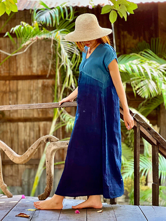 asana HEMP100% 縄文ワンピース・インディゴ グラデーション 草木染め